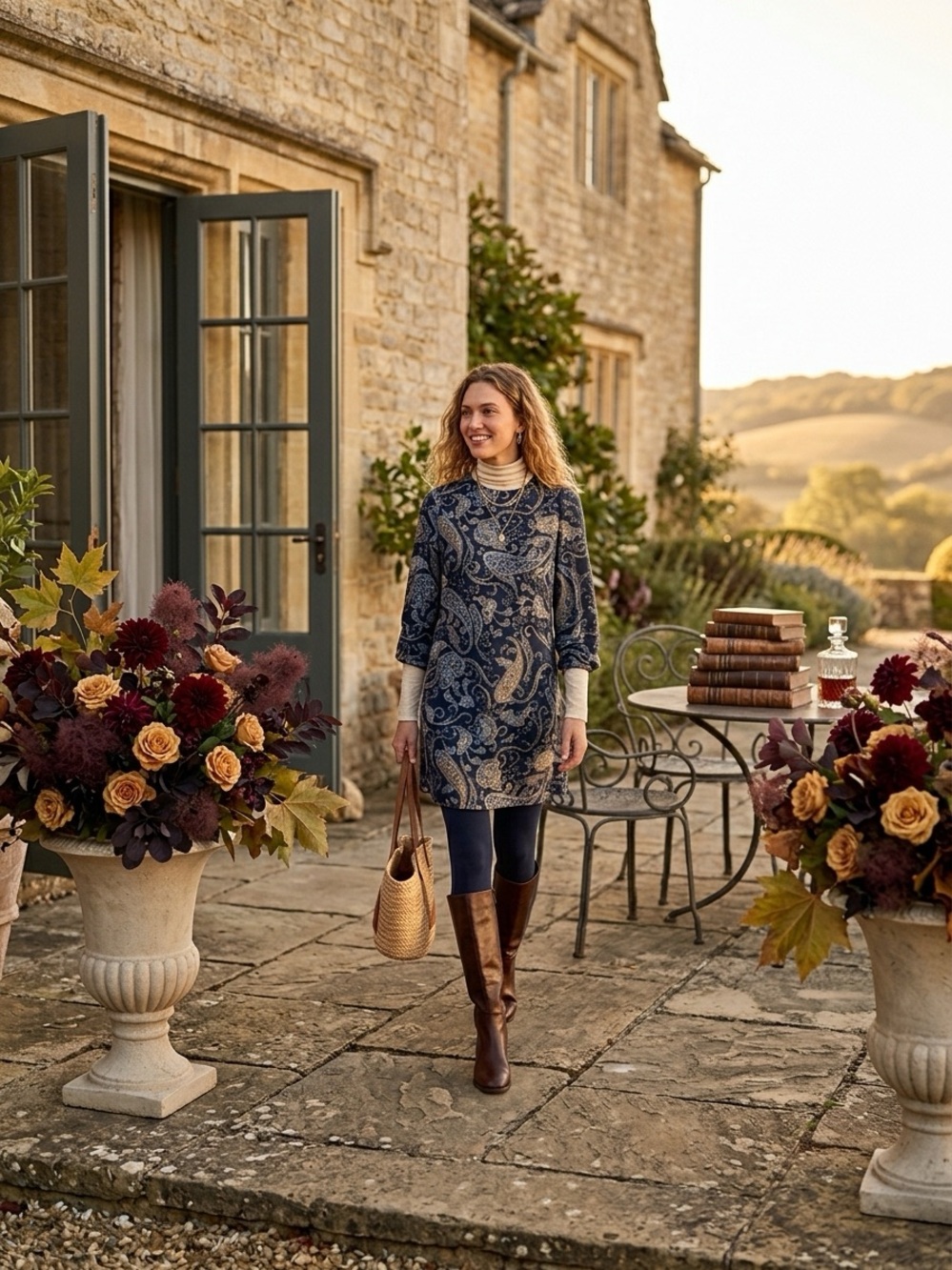 H&M Hennes Everyday Heavy Crepe Navy Paisley Fall Dress 4 EUC